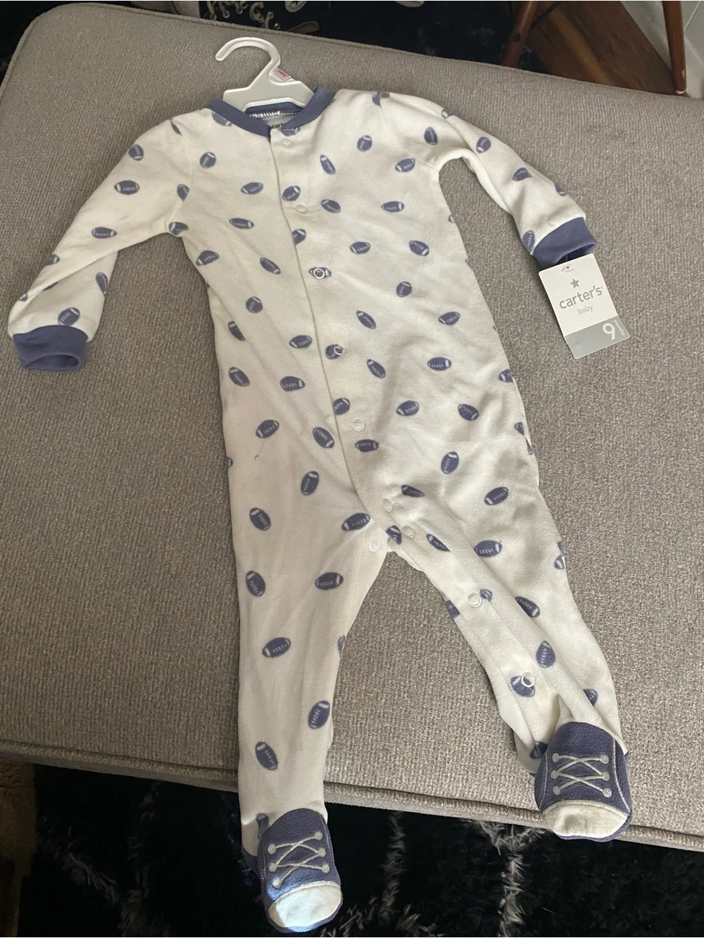 Carter's Cream and Navy Football Print Footed One-Piece
